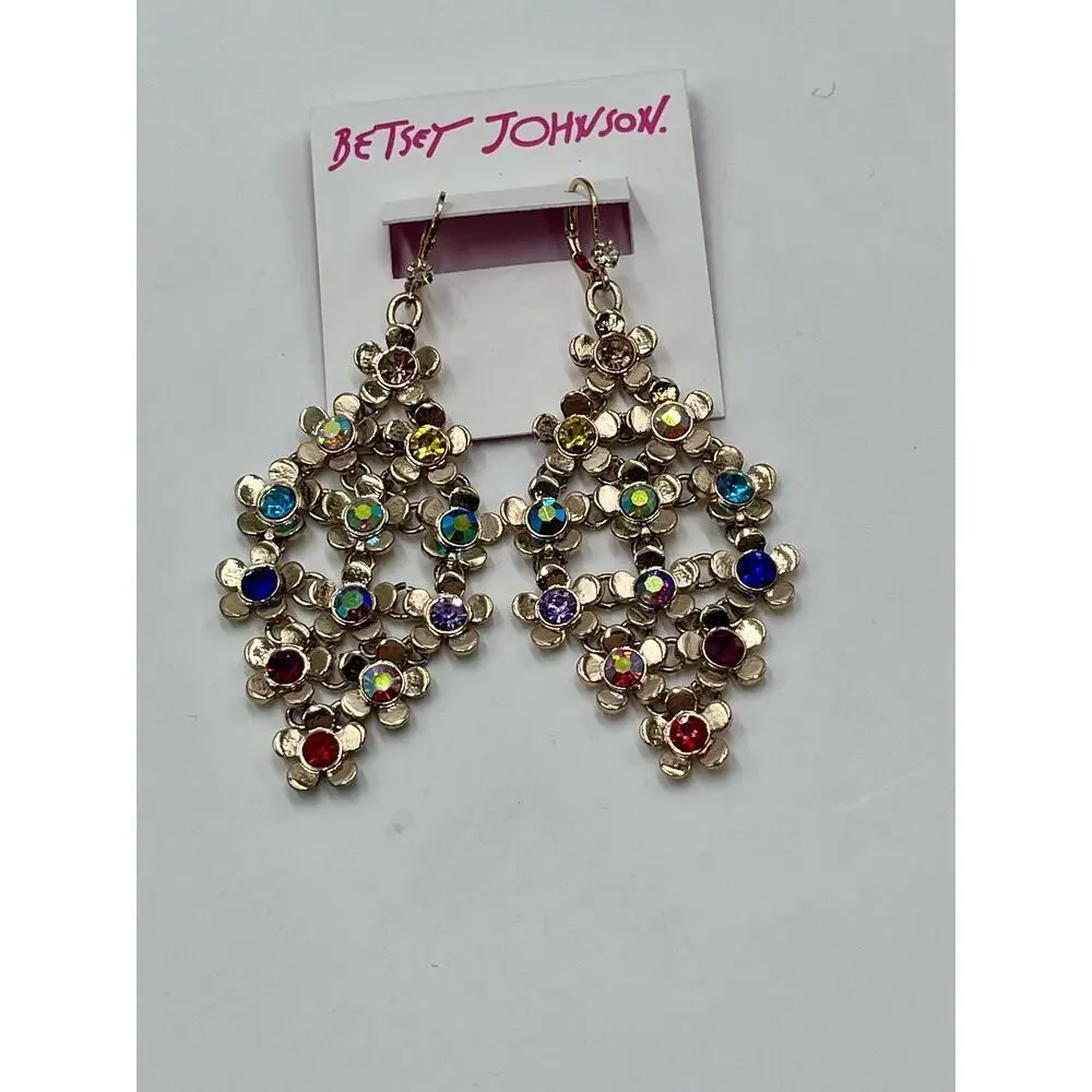Betsey Johnson Gold Tone Love Fest Flower & Crystal Chandelier Drop Earrings New